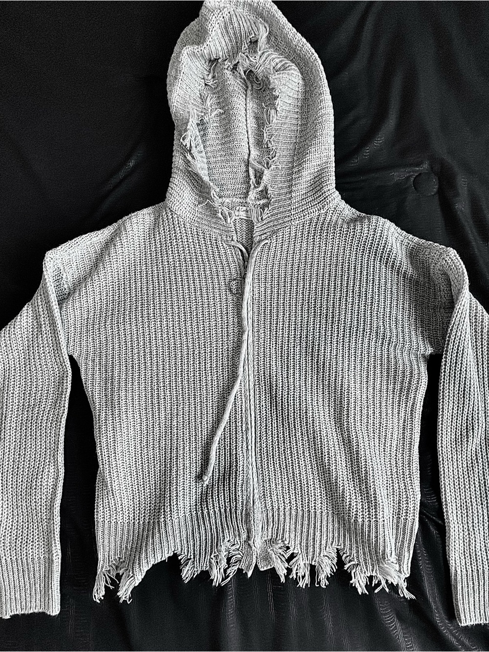 Distressed Hooded Knit Sweater - Gray